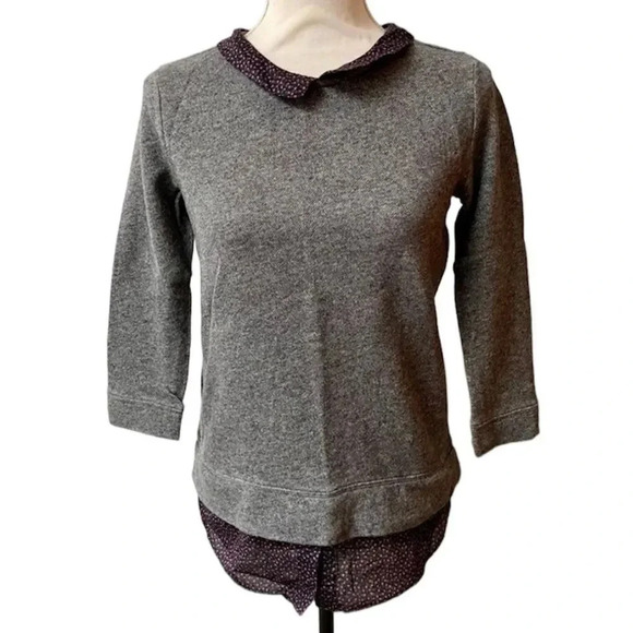 LOFT Gray Sweatshirt Sweater Peter Pan Collar Layered Hem Work Top XS - Picture 1 of 13